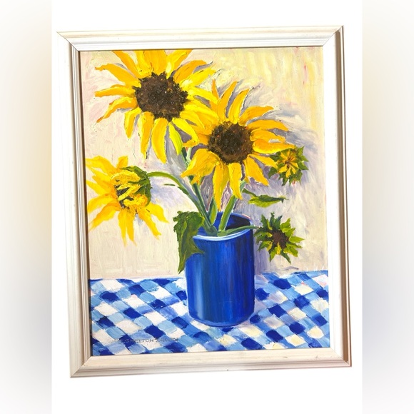 Oil Painting ‘Sunflowers in Blue Vase’ by Susan Shelton Irwin